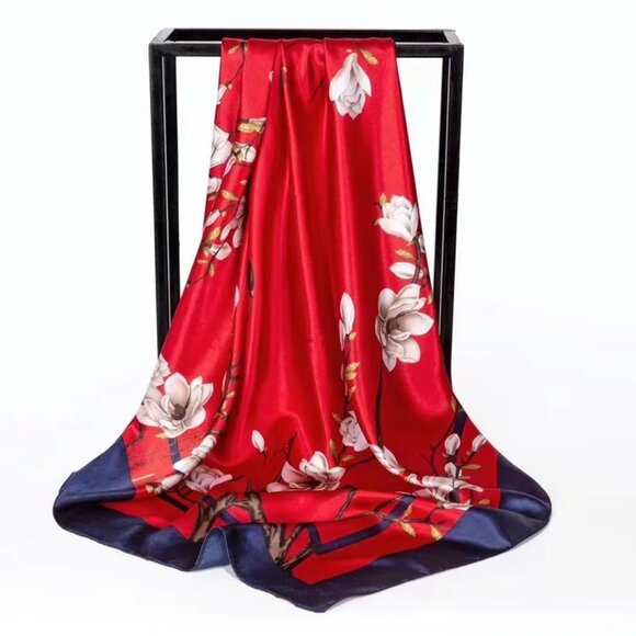 2/$30 Elegant Red Floral Silky Scarf Satin Square Shawl with Blue Accents Gift - Picture 4 of 4